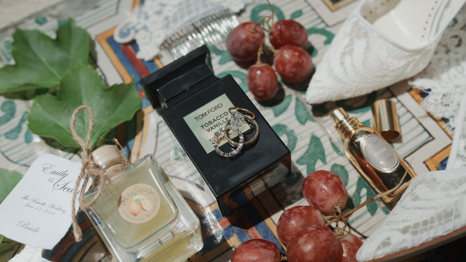 Wedding day details on the Amalfi Coast — rings, perfume and bridal shoe, Ravello